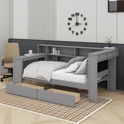 Wood Platform Bed With Storage Shelves, Drawers, Charging Station, LED, Desk And Upholstered Headboard