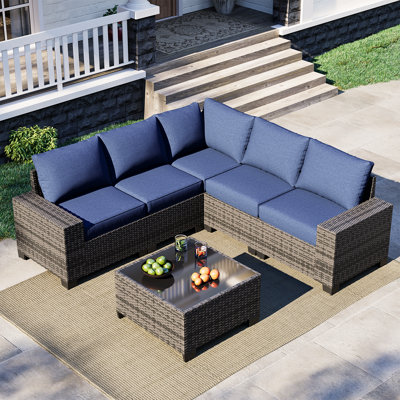 Ensemble de meubles de patio 6 pièces, avec coussins et table basse en verre, ensemble de canapé modulaire en osier de rotin Pe