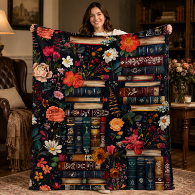 Book Lover Throw Blanket with Vintage Floral Library Design, Dark Academia Flannel Blanket Featuring Classic Books and Botanical Artwork for Reading Spaces, 40 x 50 in