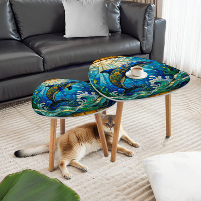 Ensemble de 2 tables basses gigognes à motif de dauphins à motif de dauphins, motif de vagues et de vie marine, table de bout moderne et minimaliste pour salon