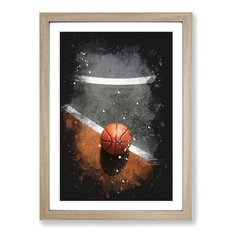 Basketball Court Paint Splash - Picture Frame Graphic Art, 90cm H x 65cm W x 2cm D, Oak