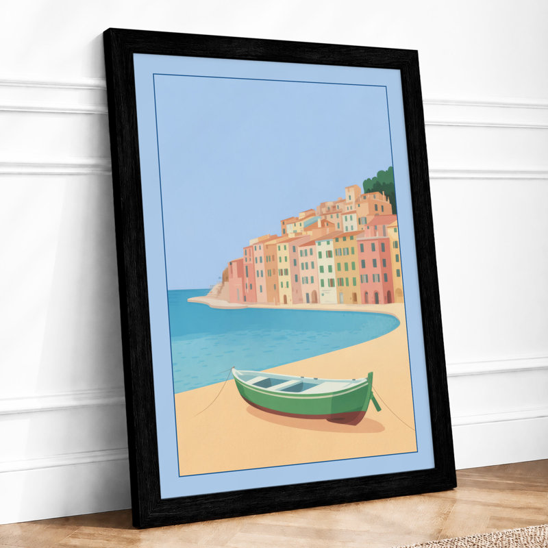 Beached Boat, Village Coastal - Framed Print, A4 - 29.7 x 21.0 cm, Black