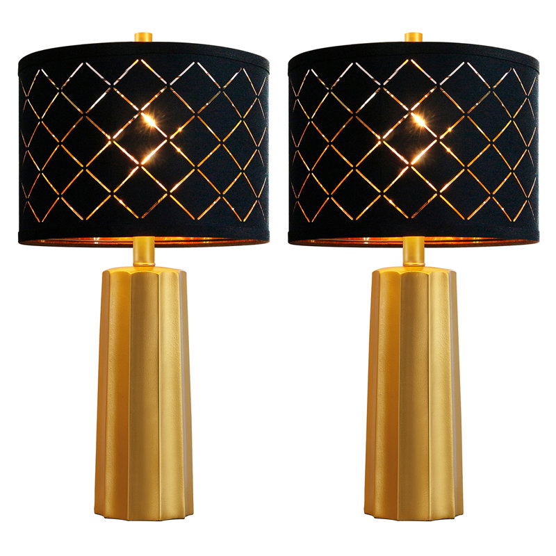 24” Golden Pillar Lamp Set With Black Grided Shade(Set Of 2)