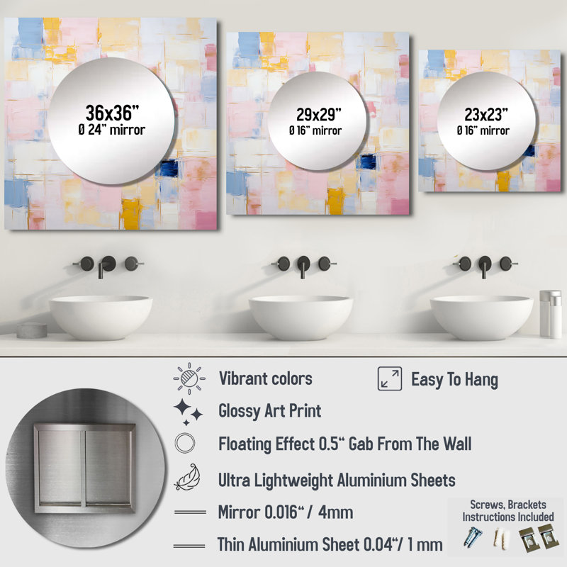 Timeless Moments en rose pastel, jaune et bleu - Miroir carré abstrait mural pour chambre à coucher, 23 po x 23 po