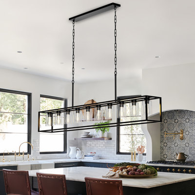 10-light Matte Black Linear Kitchen Island Chandelier With Clear Glass Shades, Industrial Farmhouse Rectangle Pendant Light