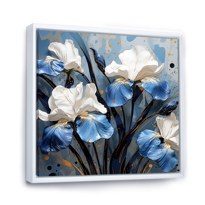 «Blue and White Garden Of Irises I», reproduction sur toile, Cadre flottant blanc, H 24 po x l 24 po x P 1 po