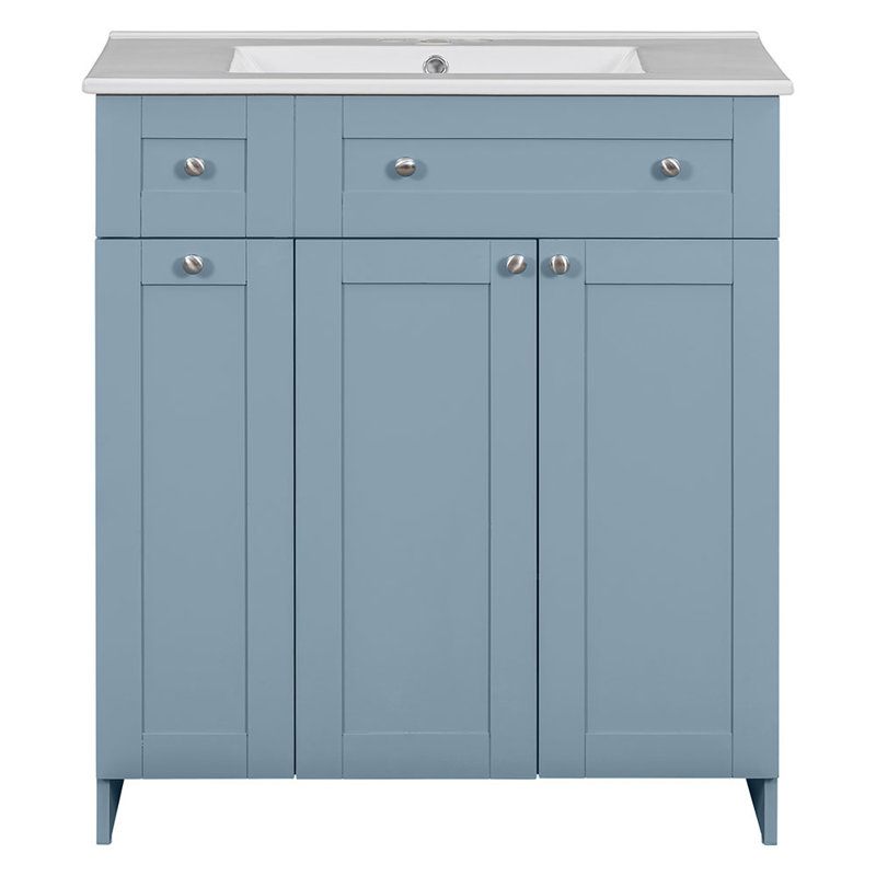 Blue 30-Inch Freestanding Bathroom Vanity with Ceramic Sink and Storage
