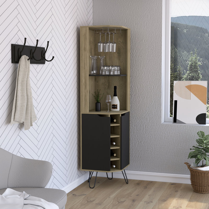 Audra Corner Bar Cabinet Six Built-in Wine Rack, Two Shelves, Four Shelves With Door Macadamia / Black