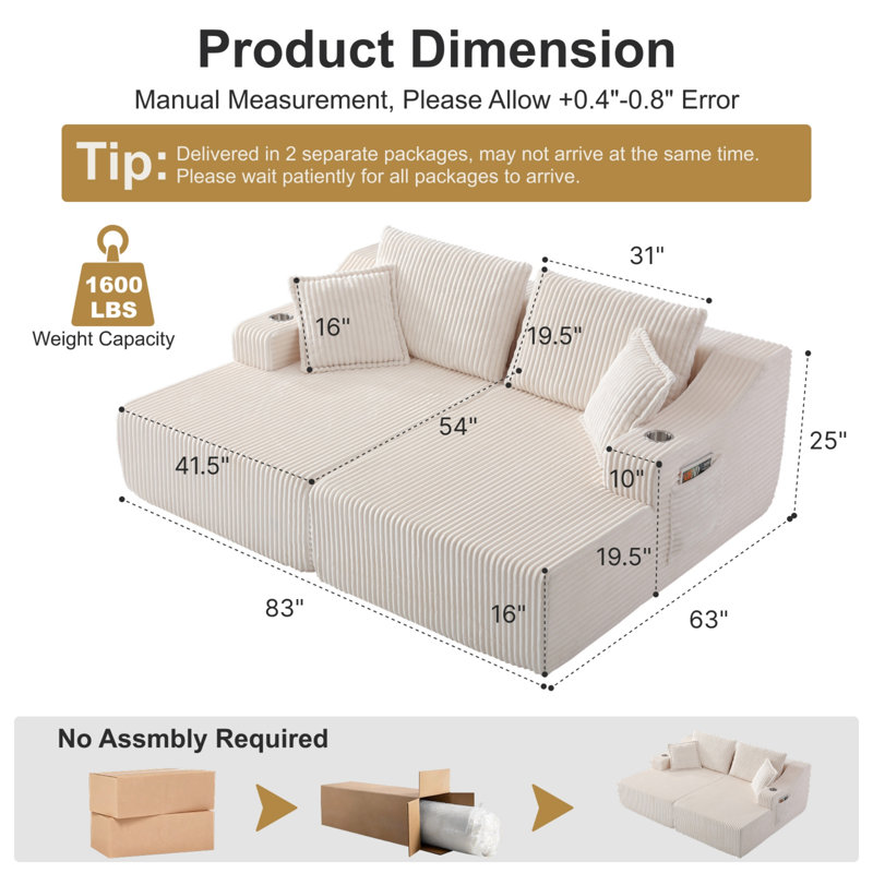 Chaise longue surdimensionnée de 83 po, White