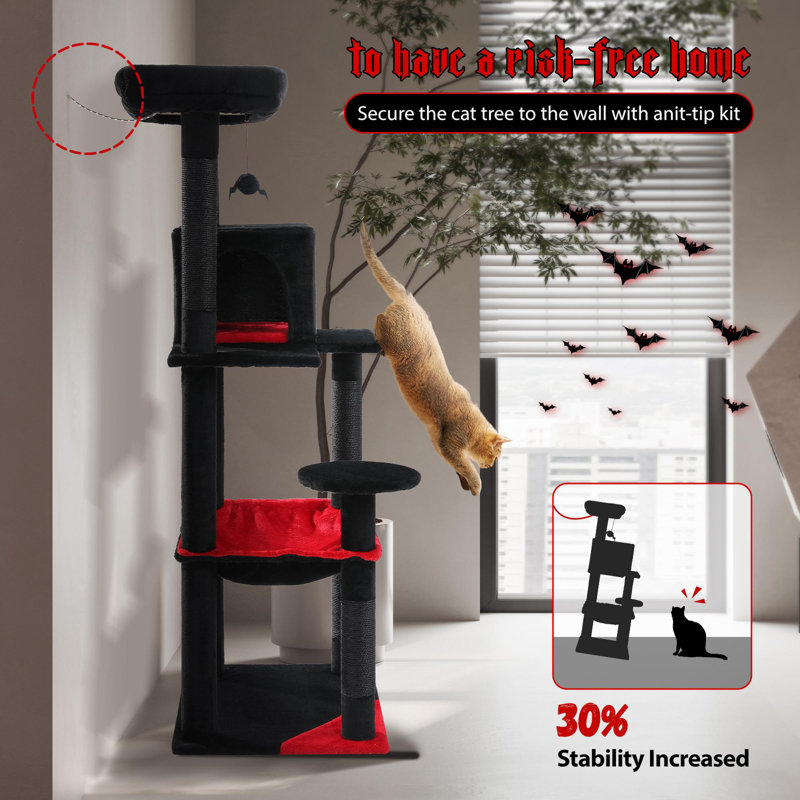 Arbre à chat d'intérieur de 56,3 pouces, tour pour chat à plusieurs niveaux avec hamac très grand, grattoir recouvert de sisal, appartement confortable et perchoir supérieur