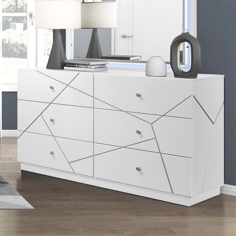 Commode moderne à 6 tiroirs avec design géométrique, fabrication en bois durable et amplement de rangement pour les chambres élégantes