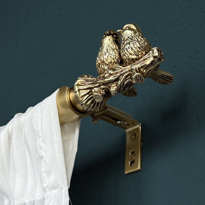 Adjustable Single Curtain Rod With Love Birds & Branch Finial, 3 Color Options (Antique Brass / Weathered Bronze)