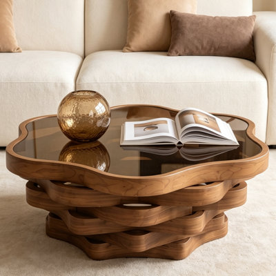 Table basse avec plateau en verre trempé en forme de nuage, base en bois ondulé irrégulier avec finition noyer, table à cocktail artistique moderne pour le salon, appartement et petits espaces