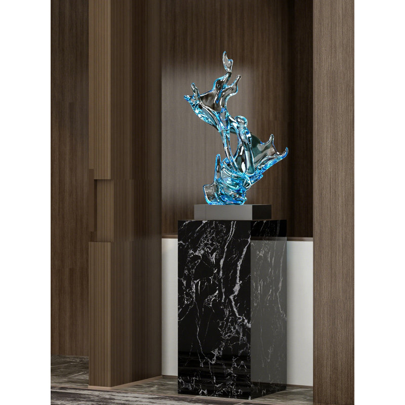 Transparent Wave Abstract Fiberglass Marble Base Sculpture Decoration Item, Blue