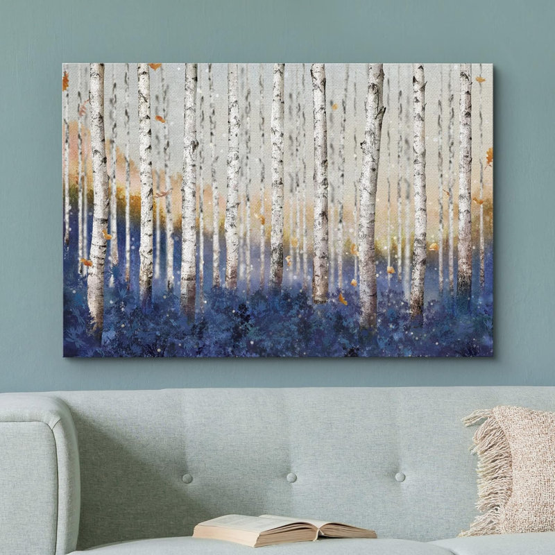"Bouleau blanc avec forêt bleue, illustrations de nature sauvage et paysages rustiques" sur toile, Toile tendue