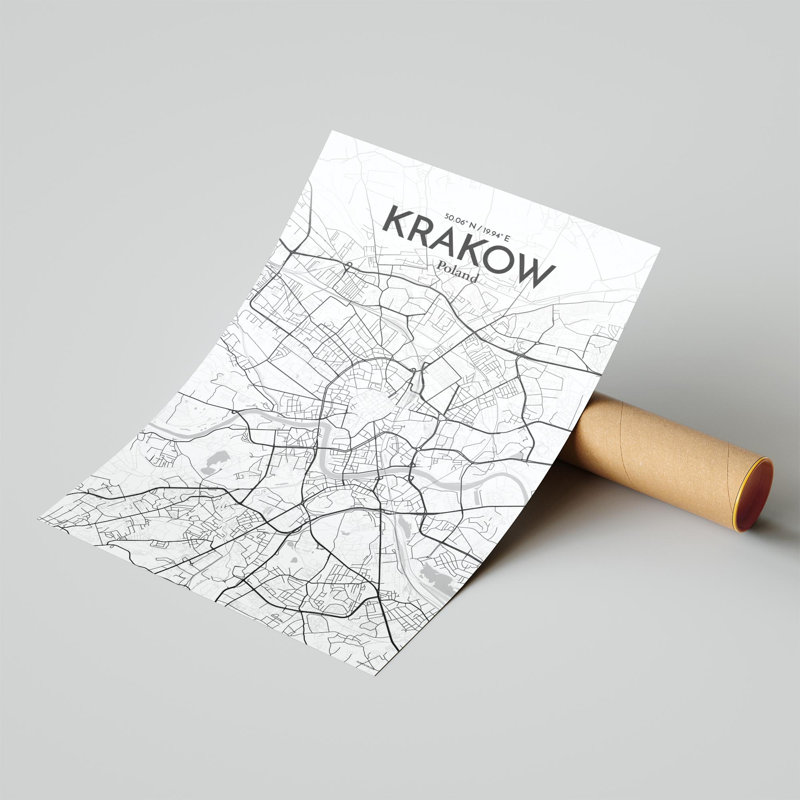 «Krakow City Map», impression de luxe, H 17 po x l 11 po, Gris / blanc