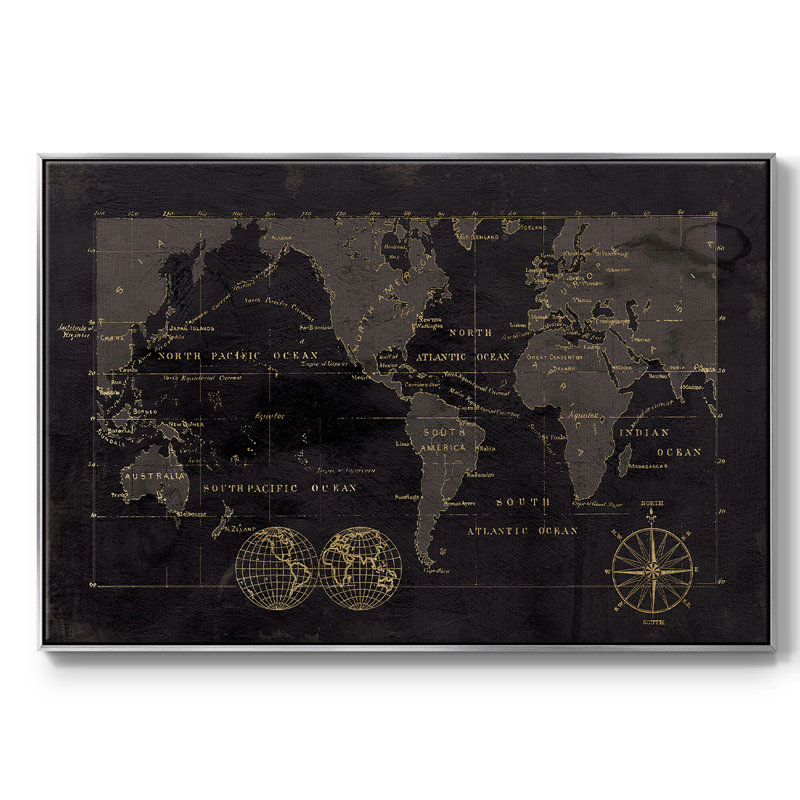 «Black Gold Map», reproduction encadrée sur toile, Argent, H 25 po x l 37 po x P 2 po
