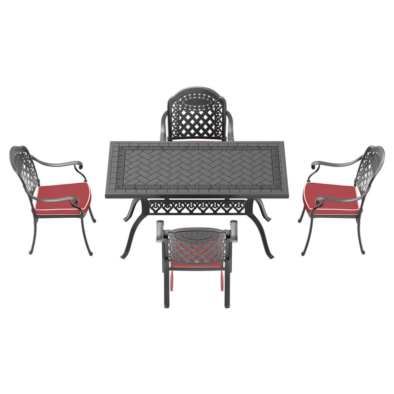 Ensemble de 7 pièces de mobilier de patio en aluminium coulé avec cadre et coussins de siège rouges
