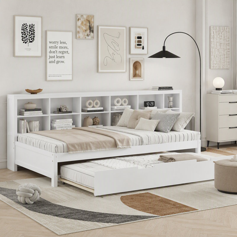 Lit de jour avec couchette, tablette de rangement et port de chargement USB, Lit simple, Blanc