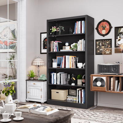 Bookshelf, Metal 5 Tier Industrial Bookshelves, 14" Deep Book Case for Book/Decor/CD/Movie, Adjustable Book Shelf, 66" Tall Modern Bookshelf for Bedroom Living Room Home Office School, Black