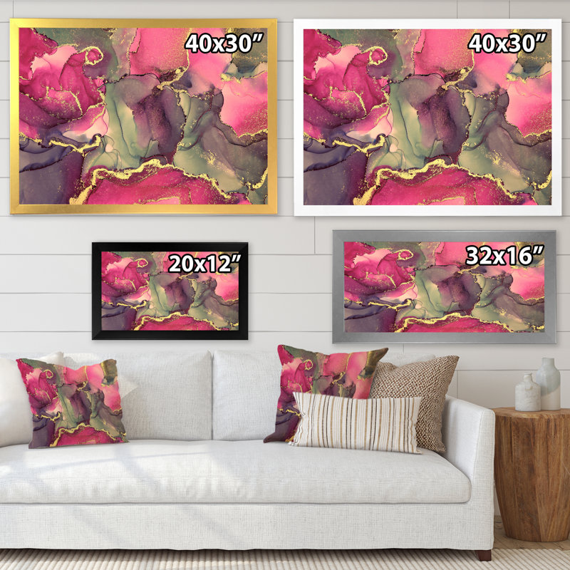 Rose et noir luxueux, art fluide abstrait - peinture sur toile, H 30 po x l 40 po, Cadre doré à coins fermés