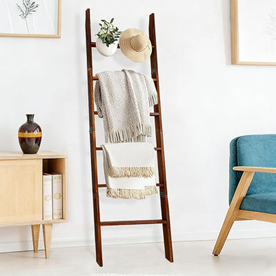 5-Tier Wooden Blanket Ladder, 68" Farmhouse Towel Rack With Hooks, For Living Room Bedroom Bathroom, Farmhouse Blanket Holder For Blankets, Towels, Scarves, Hats