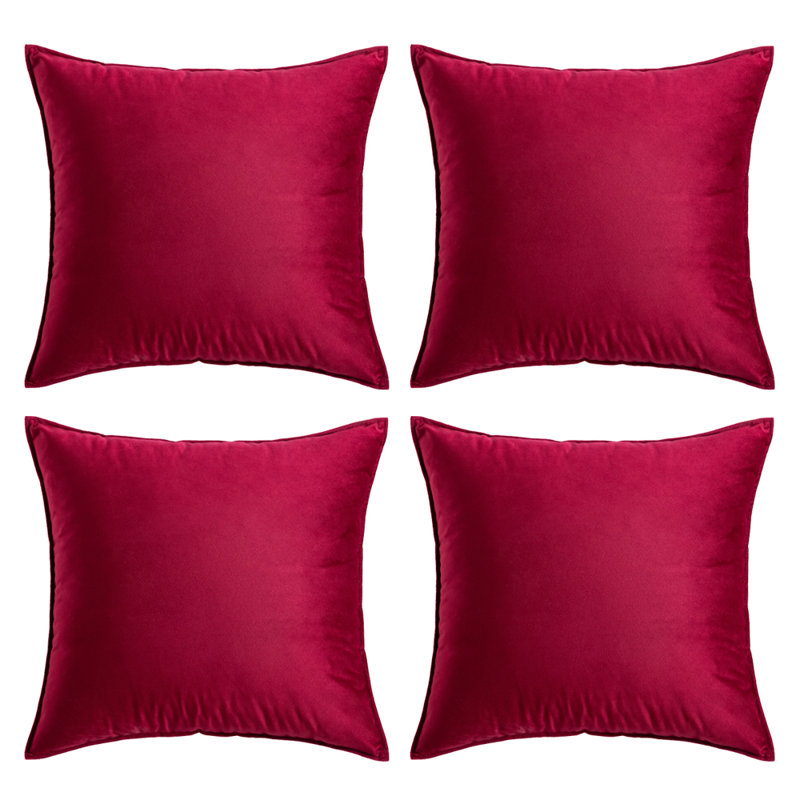 Set Of 4 Throw Velvet Cushion Covers, Wine Red, 16"H x 16"W