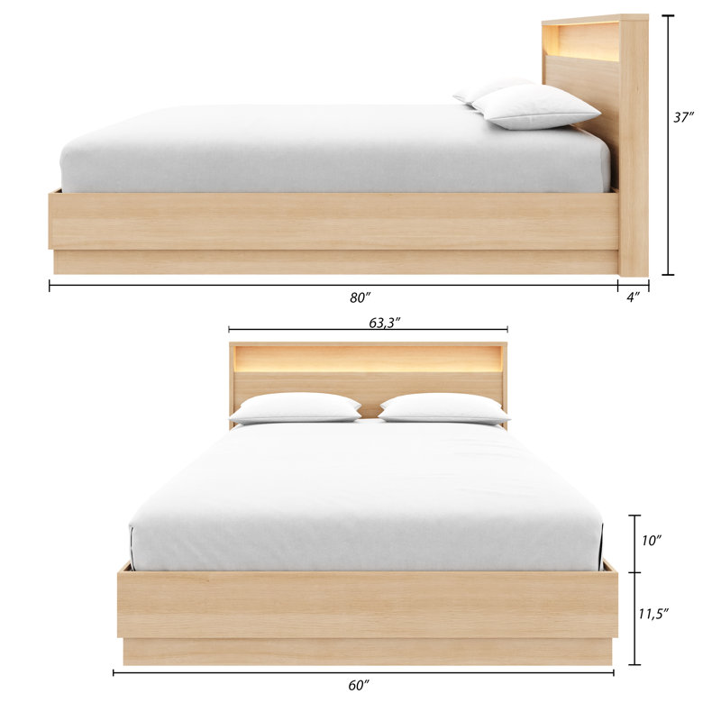 Harlow Queen Size Slatted Bedframe and Headboard with Integrated Light, Beige