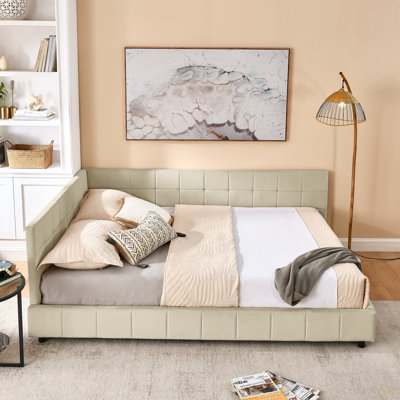 Structure de lit tapissier grand format, structure de canapé-lit avec dossier confortable et accoudoirs, lit grand pour chambre à coucher, salon, velours (85,5 po x 64,5 po x 30,5 po)