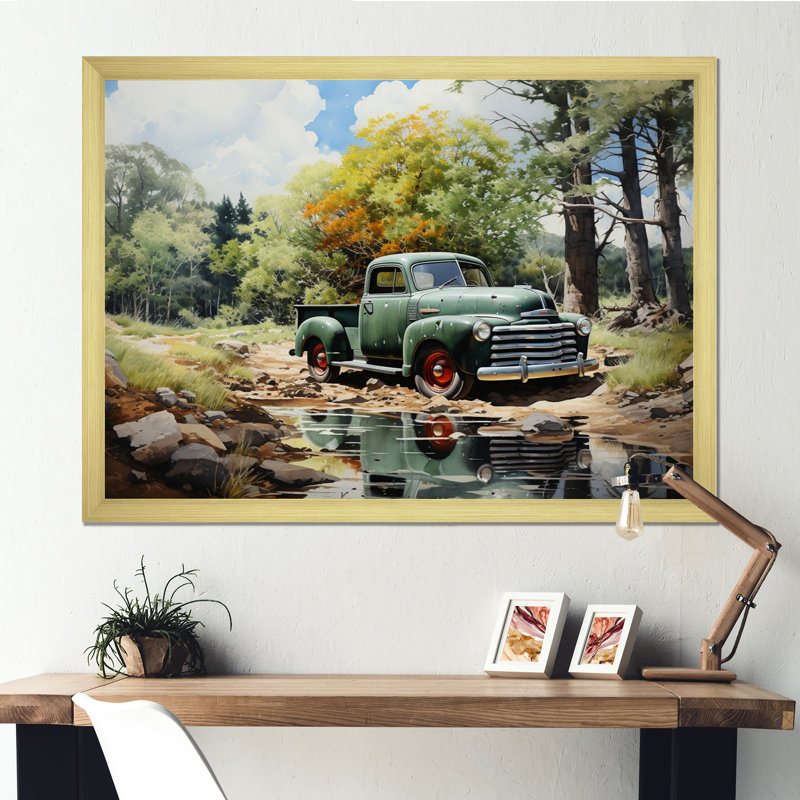 «Pickup Truck Tranquil Lakeside II», reproduction sur toile, H 34 po x l 44 po x P 1,5 po, Cadre doré simple