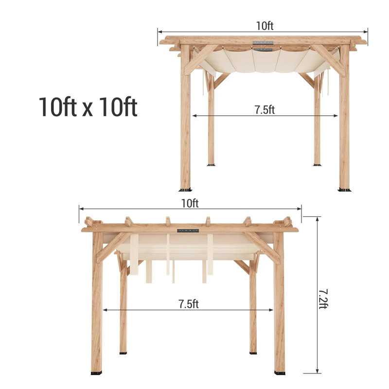 Cedar Wood Pergola With Solid Structure, Retractable Shade Canopy, Durable, Rot Resistant, Natural, 86.4" H x 120" W 120" D