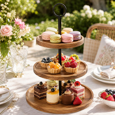 3-Tier Acacia Wood Serving Platter, Cupcake Display Tray