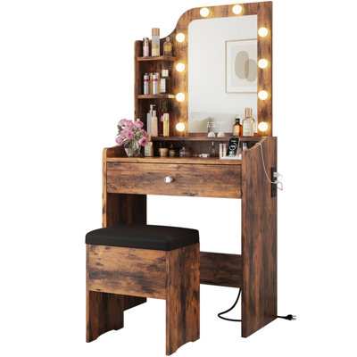 Small Makeup Vanity Desk With Bulb-Frame LED Mirror, Storage Stool & Power Outlet