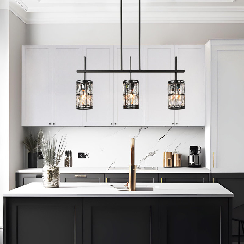  Baconton 3 - Light 31.5" W Glam Crystal Accents Kitchen Island Linear Pendant