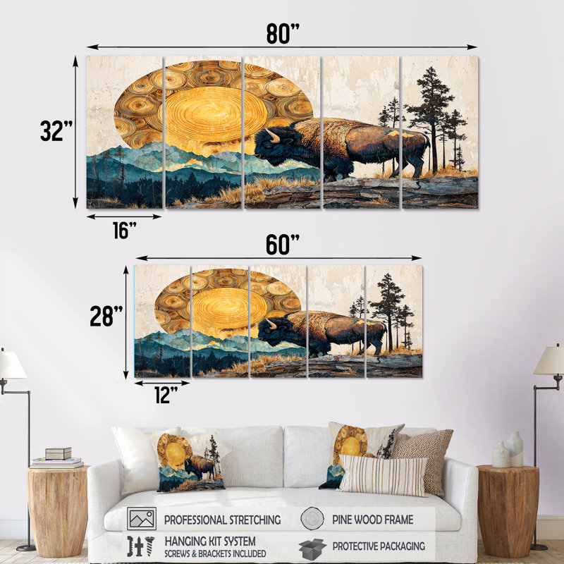 Bison américain dans «The Woods I» - art mural animal Buffalo - ensemble de décorations murales modernes, H 28 po x l 60 po