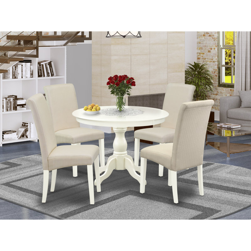 Karmakar Rubberwood Solid Wood Dining Set, Linen White, 5 Pieces, 30" H x 42" W x 42" D