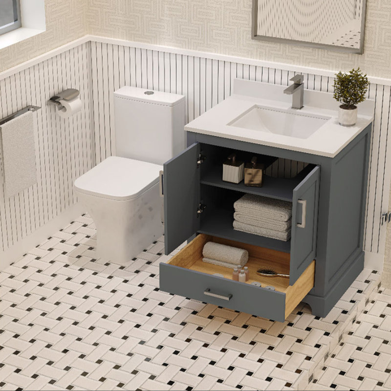 Maya Meuble-lavabo de salle de bain sans comptoir en bleu marine assemblé, Gris