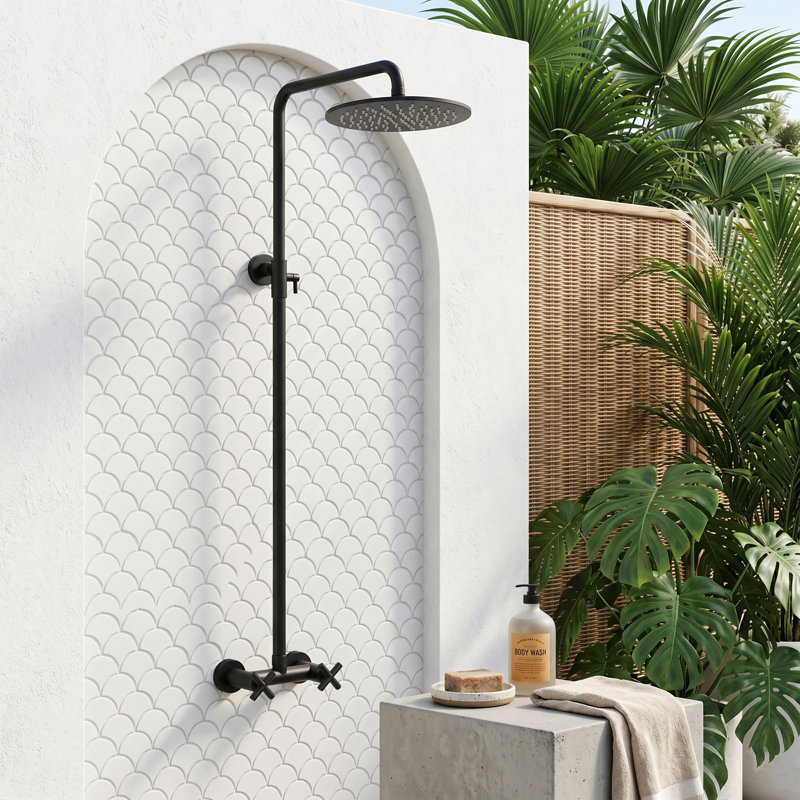 Système de douche mural en laiton à hauteur réglable de 47,2" à 63" pour intérieur/extérieur, avec pommeau de douche rond effet pluie de 10" et double poignée en croix.