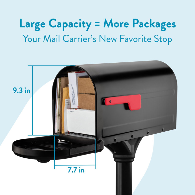 Roxbury Post Mount Mailbox + Decorative Post Black, Black with Red Flag