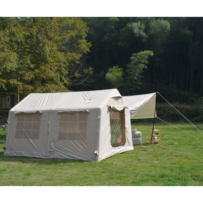 Beige 9.8x13ft Inflatable Camping Tent with Canopy: Effortless & Waterproof Setup