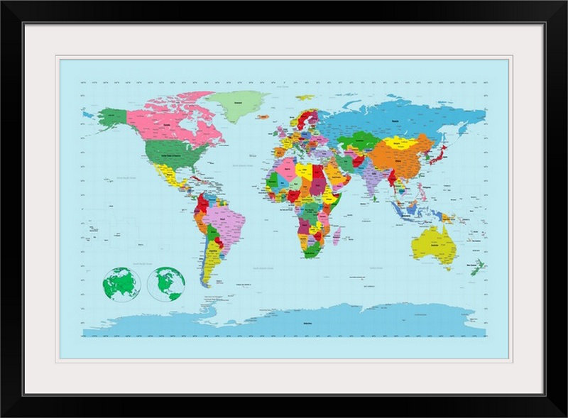 « Francy Traditional World Map » par Michael Tompsett, impression d'art graphique, H 28 po x l 38 po x P 1 po, Cadre noir
