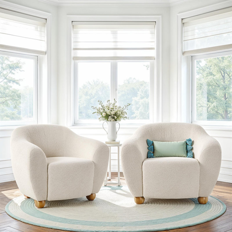  2-Pack Contemporary Bouclé Upholstered Lounge Chairs With EZ Assembly Wood Legs, Ivory