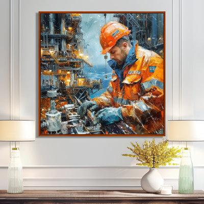 Grey Orange Oil Rigs Rigging Up Workers - Oil Rigs / Fields Wall Art Print