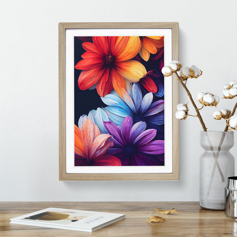 Colourful Flowers No.1 - Print, 66cm H x 48cm W x 2cm D, Oak Framed, White