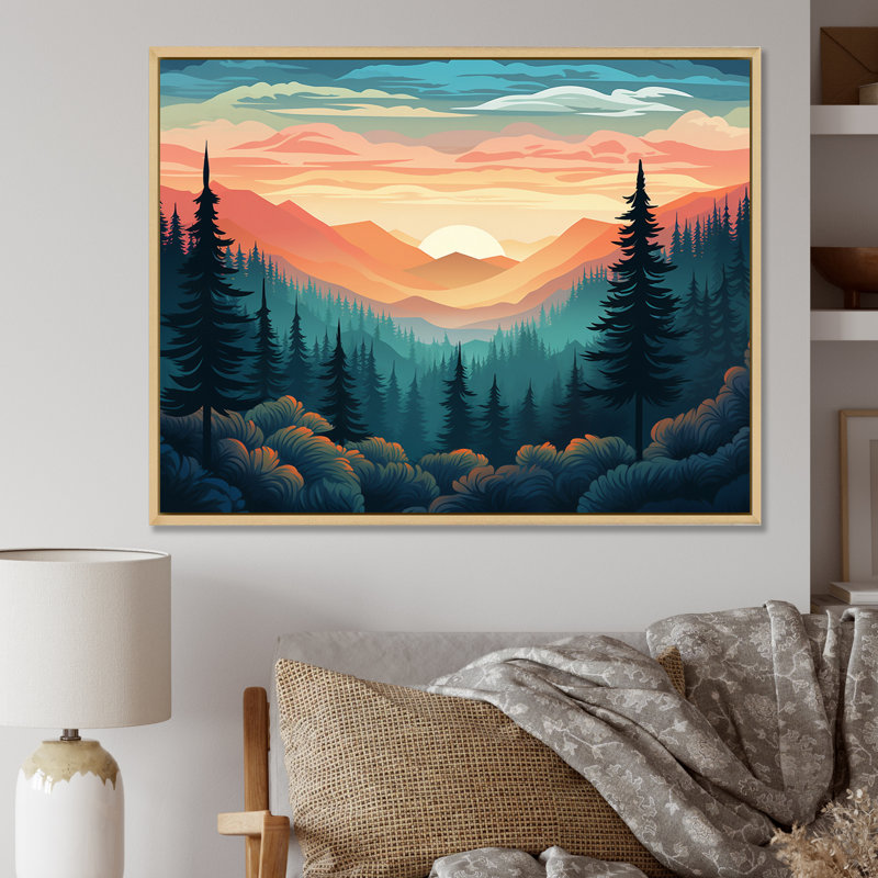 Montagne, rêveries au coucher du soleil sur les arbres de la forêt - montagnes, art mural, Cadre naturel flottant