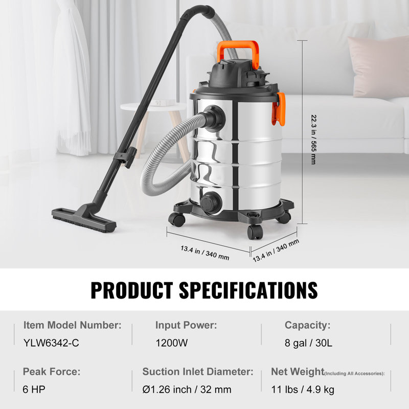 Aspirateur eau et poussière en acier inoxydable, 8 gallons (30 litres), 6 CV (puissance maximale), aspiration puissante avec fonction souffleur et accessoire 2 en 1 pour les interstices, petit aspirateur idéal pour les débris sur les tapis et les poils d'animaux