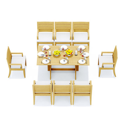 Ensemble de salle à manger 9 pièces en bois de teck de qualité A: table rectangulaire pliante avec console et chaises sans accoudoirs Carleton # 11AT1500