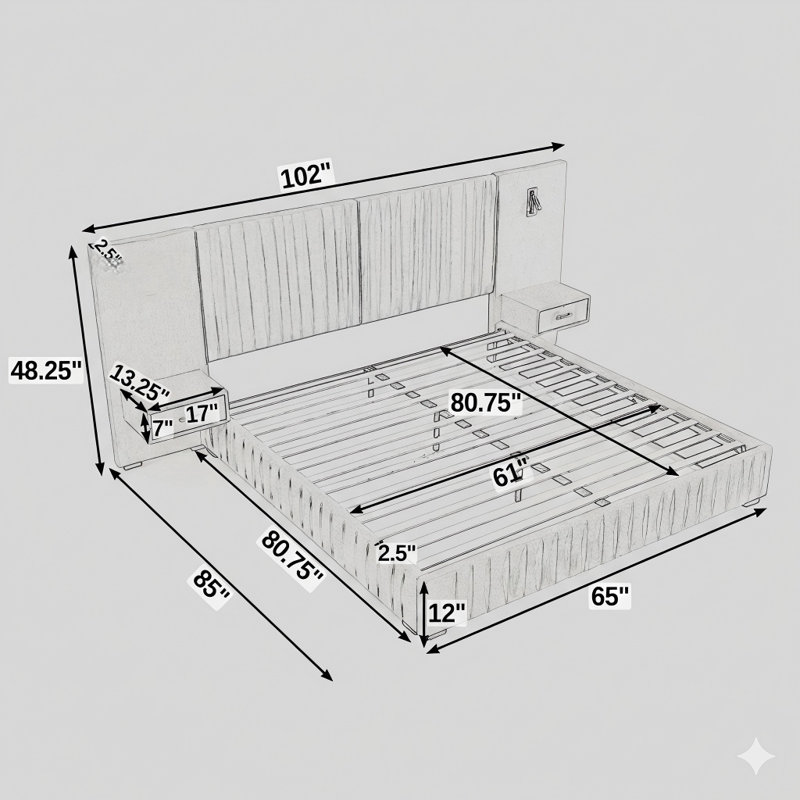 Base de lit tapissier grand format avec tissu en chenille plissée, plateforme à profil bas comprenant une tête de lit, une structure robuste et une table de chevet. L'utilisation d'un sommier n'est pas obligatoire - disponible dans une teinte bleu-vert.