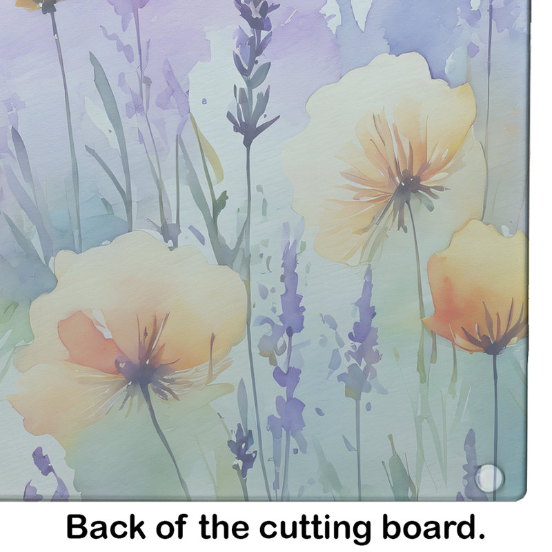Lavender and Poppies Watercolor Glass Cutting Board 15x12