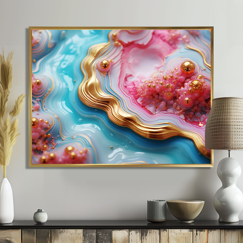 Art mural Radiant Ocean Agate Turquoise - marbre, Cadre flottant doré, H 24 po x l 32 po